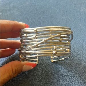 Petite sized Silver Tone Bamboo Design Cuff Bracelet
